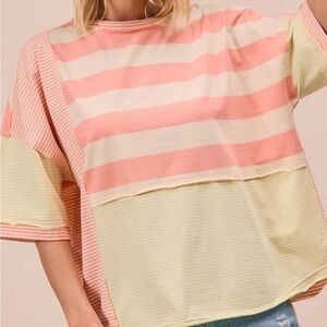 BiBi Peach/Rose/Lime Striped Short Sleeve Top